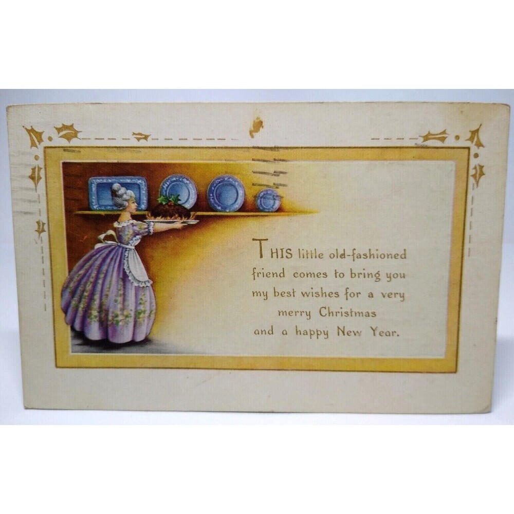 Christmas Postcard Victorian Women Holds Dinner Plate Old Fashioned Whitney 1917
